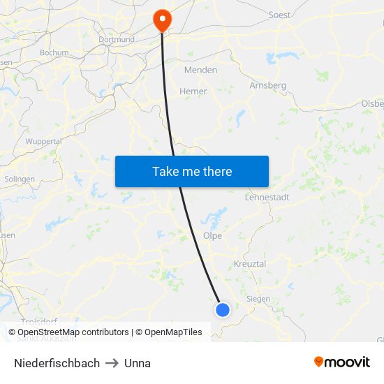 Niederfischbach to Unna map