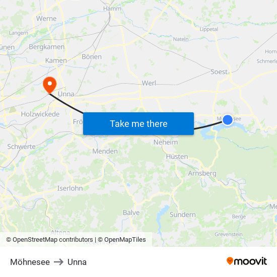 Möhnesee to Unna map