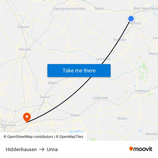 Hiddenhausen to Unna map