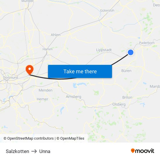 Salzkotten to Unna map
