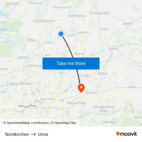 Nordkirchen to Unna map