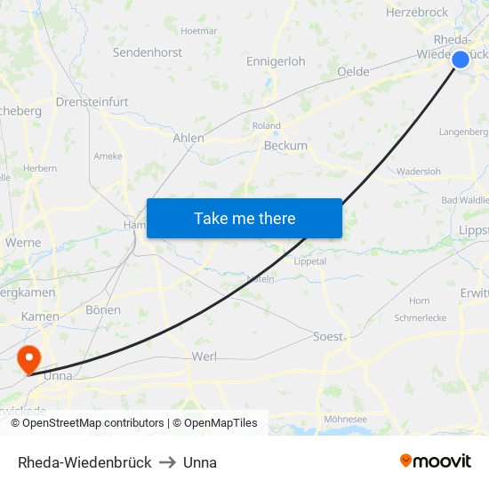 Rheda-Wiedenbrück to Unna map