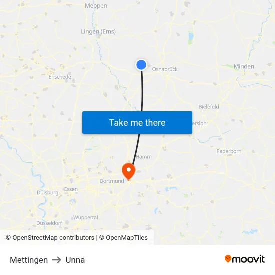 Mettingen to Unna map
