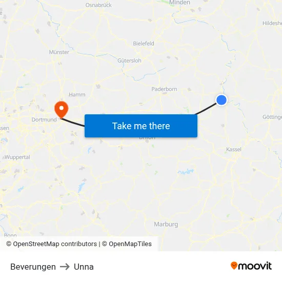 Beverungen to Unna map