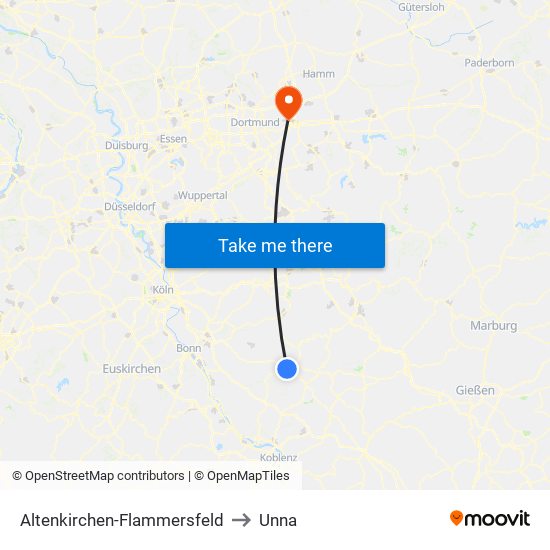 Altenkirchen-Flammersfeld to Unna map