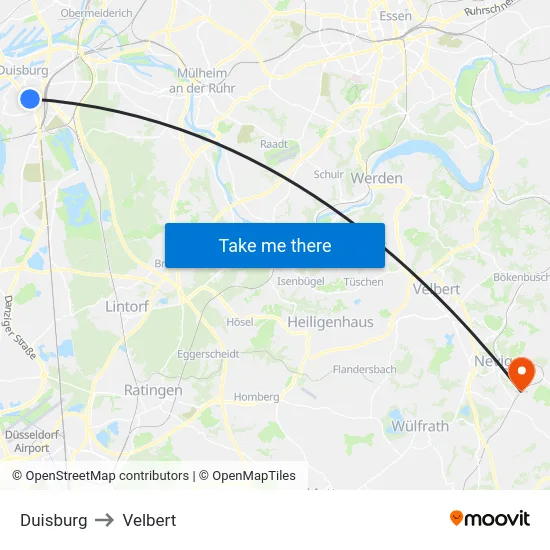 Duisburg to Velbert map
