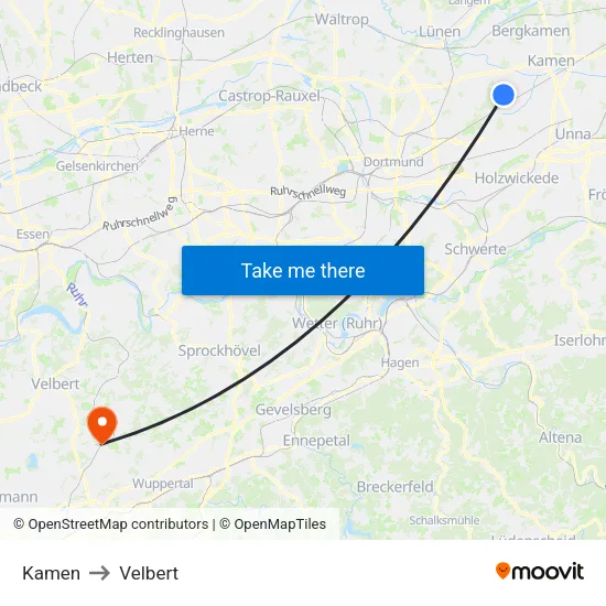 Kamen to Velbert map