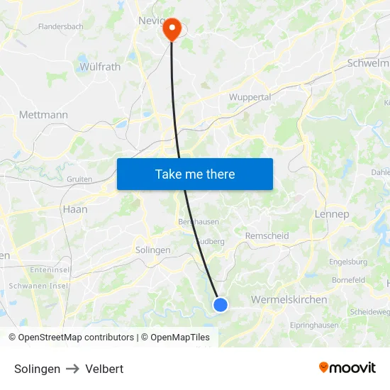 Solingen to Velbert map