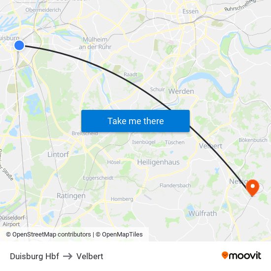 Duisburg Hbf to Velbert map