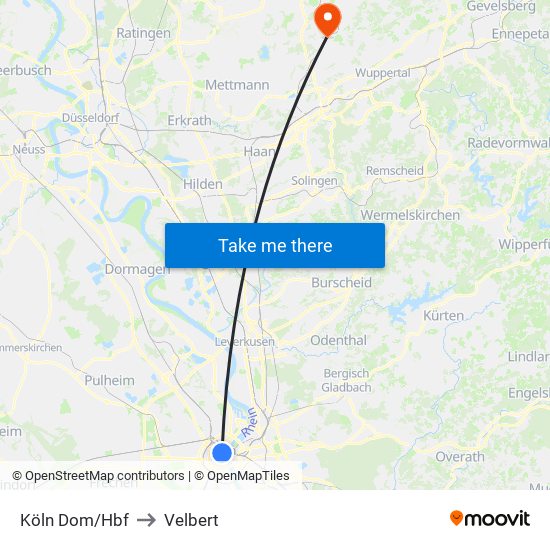 Köln Dom/Hbf to Velbert map