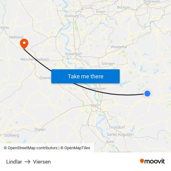 Lindlar to Viersen map