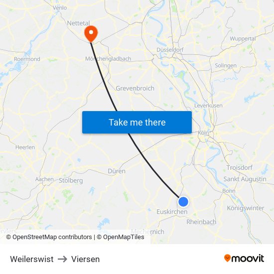 Weilerswist to Viersen map