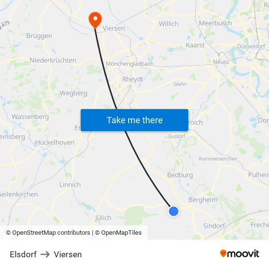 Elsdorf to Viersen map