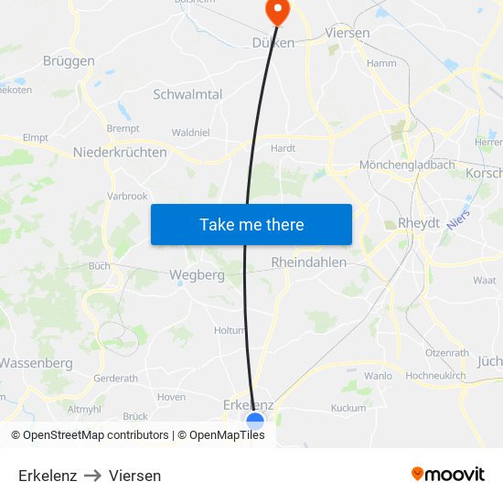 Erkelenz to Viersen map