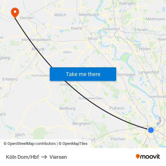 Köln Dom/Hbf to Viersen map