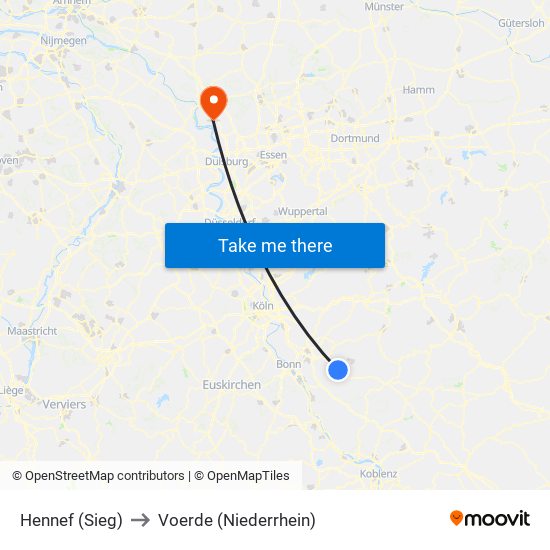 Hennef (Sieg) to Voerde (Niederrhein) map