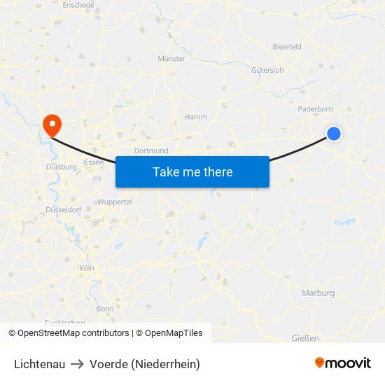 Lichtenau to Voerde (Niederrhein) map