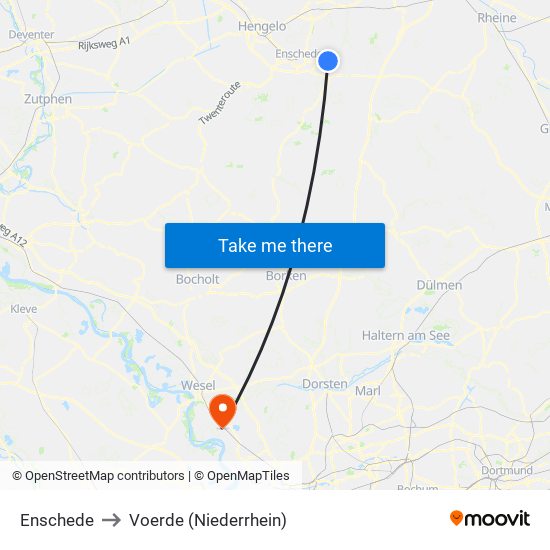 Enschede to Voerde (Niederrhein) map