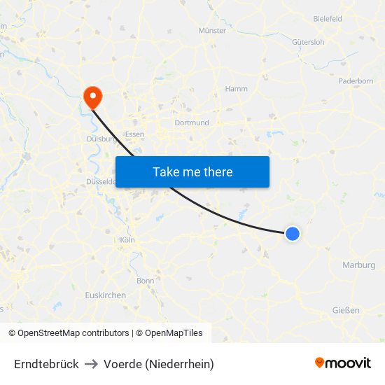 Erndtebrück to Voerde (Niederrhein) map