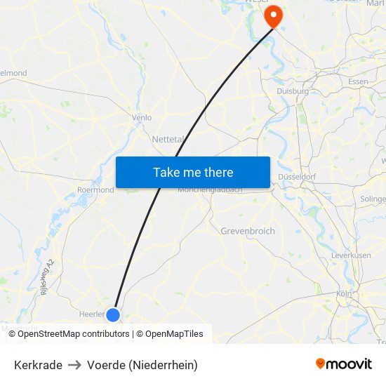 Kerkrade to Voerde (Niederrhein) map