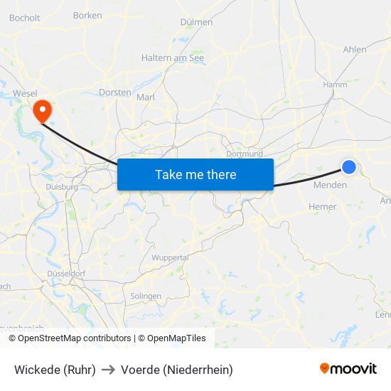 Wickede (Ruhr) to Voerde (Niederrhein) map