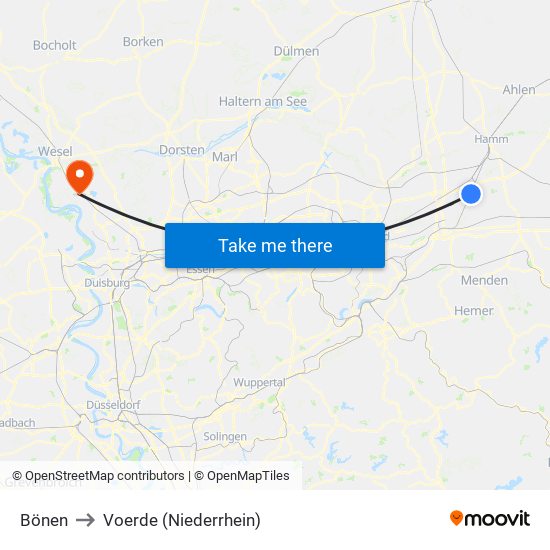 Bönen to Voerde (Niederrhein) map