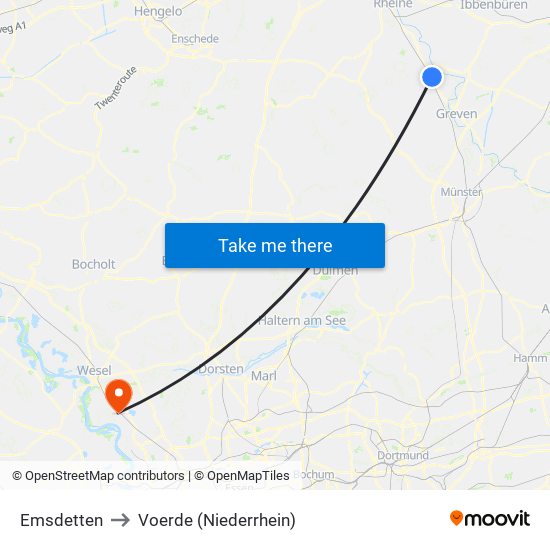 Emsdetten to Voerde (Niederrhein) map