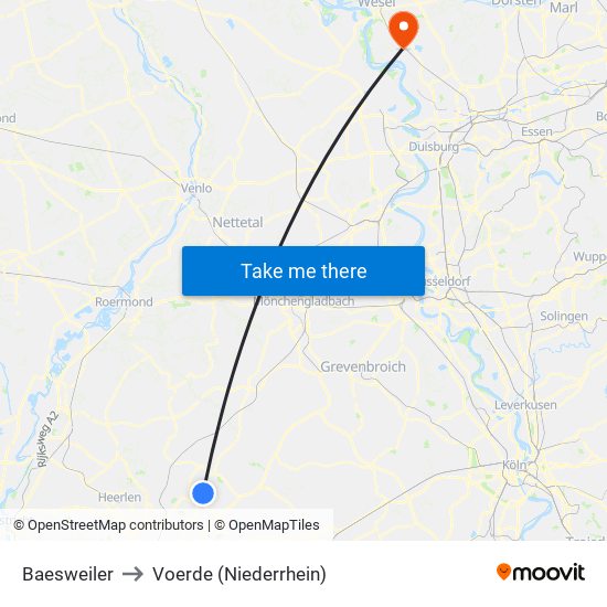 Baesweiler to Voerde (Niederrhein) map