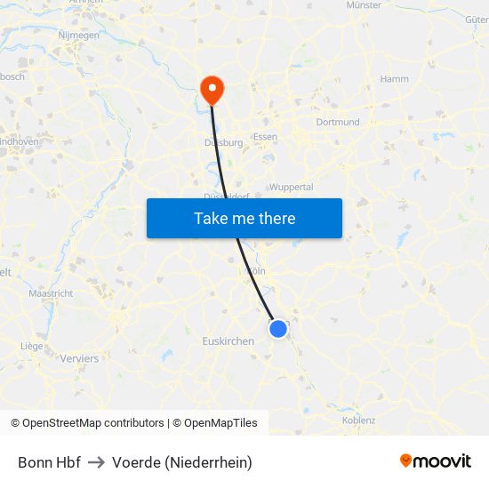 Bonn Hbf to Voerde (Niederrhein) map