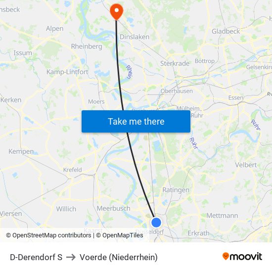 D-Derendorf S to Voerde (Niederrhein) map