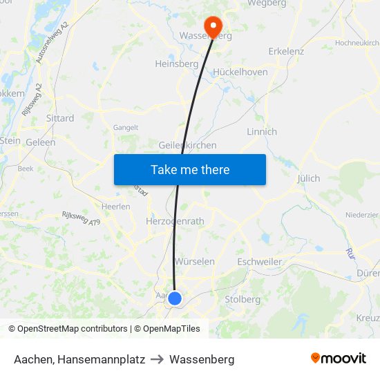 Aachen, Hansemannplatz to Wassenberg map