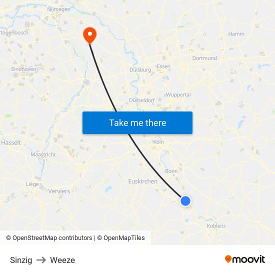 Sinzig to Weeze map