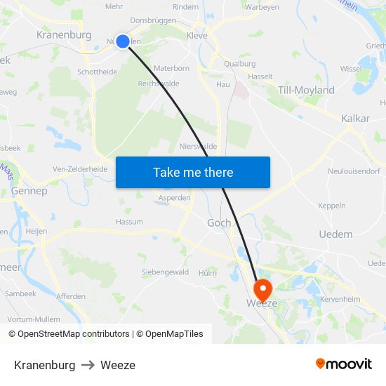Kranenburg to Weeze map
