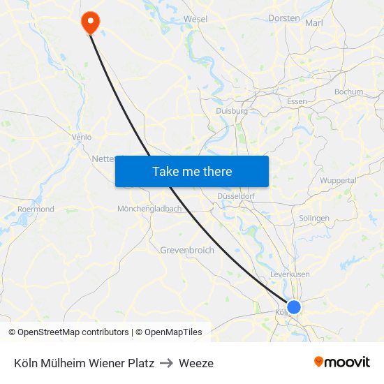 Köln Mülheim Wiener Platz to Weeze map