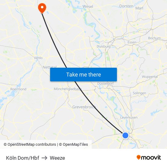 Köln Dom/Hbf to Weeze map