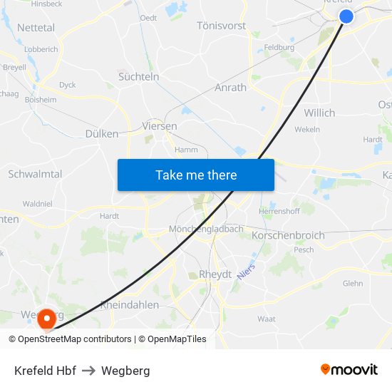 Krefeld Hbf to Wegberg map