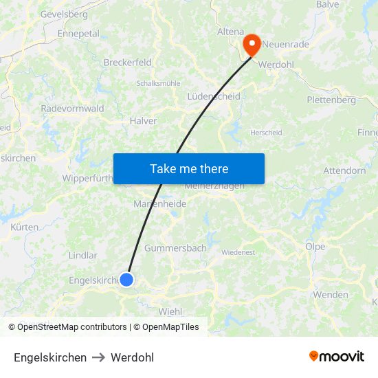 Engelskirchen to Werdohl map