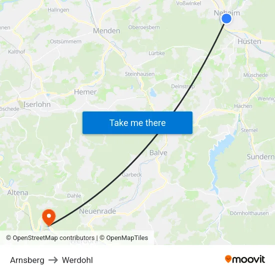 Arnsberg to Werdohl map