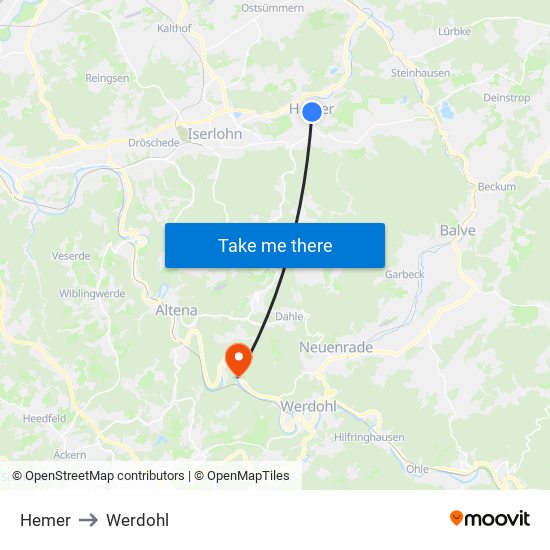 Hemer to Werdohl map