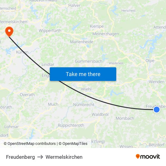 Freudenberg to Wermelskirchen map
