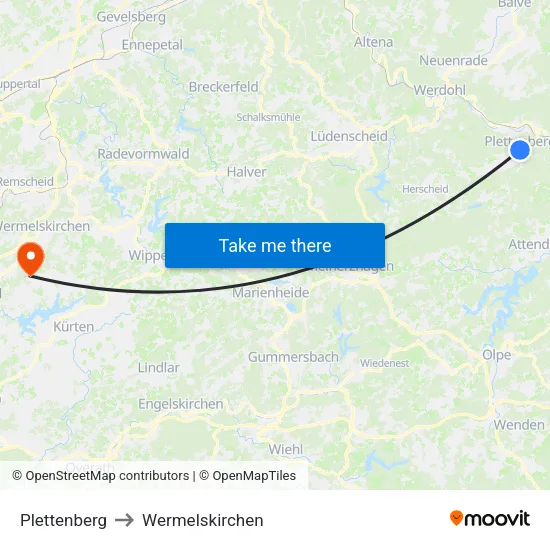 Plettenberg to Wermelskirchen map