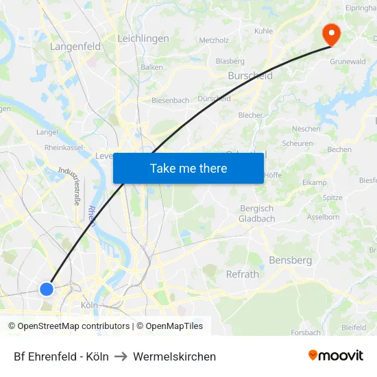 Bf Ehrenfeld - Köln to Wermelskirchen map