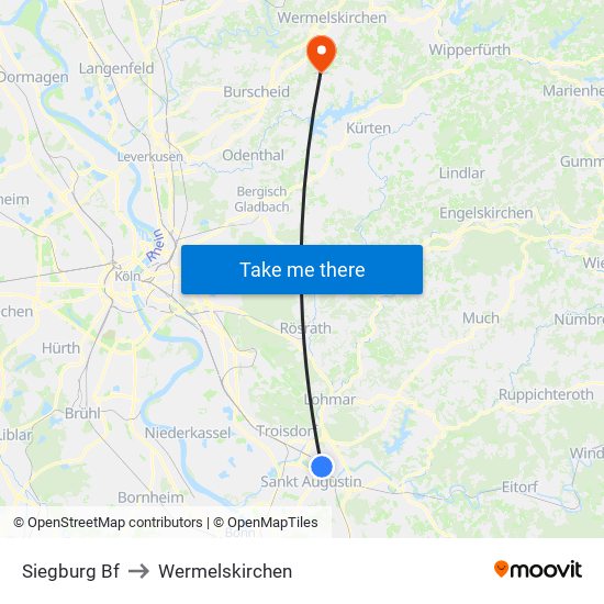 Siegburg Bf to Wermelskirchen map