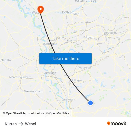 Kürten to Wesel map