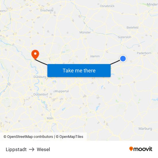 Lippstadt to Wesel map