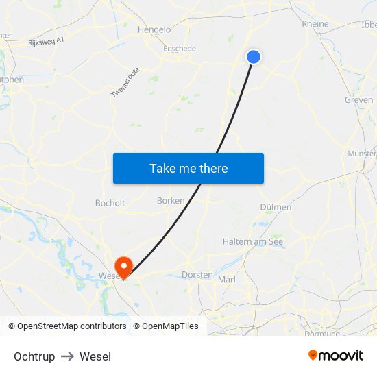 Ochtrup to Wesel map