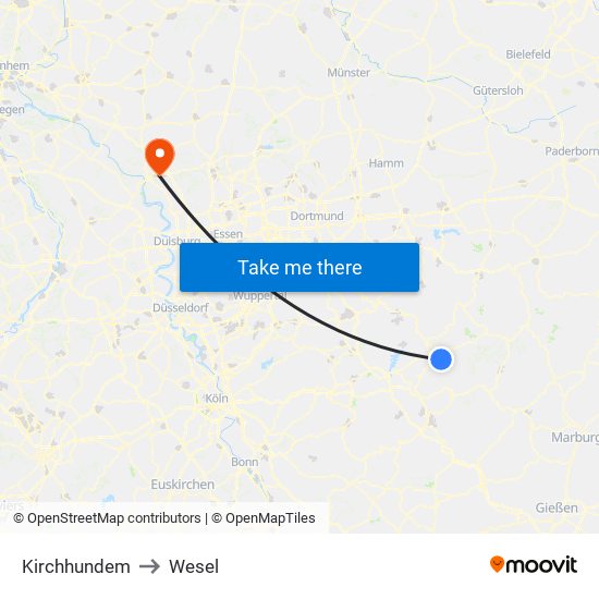 Kirchhundem to Wesel map