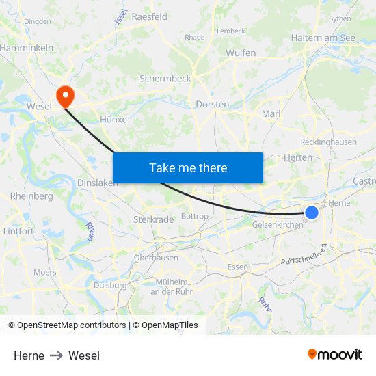 Herne to Wesel map