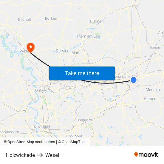 Holzwickede to Wesel map