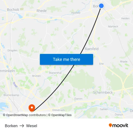 Borken to Wesel map